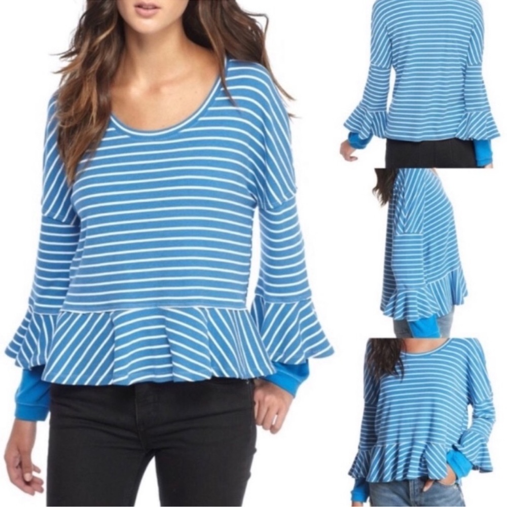Free people Round About Tee Blue And white Striped Long Sleeve size Small.